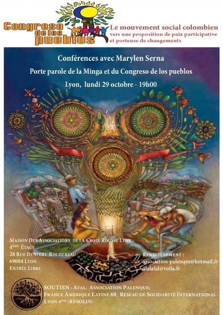 Comité local de Lyon : lundi 29 octobre à 19h : Tournée européenne : la Colombie, société civile pour la paix conférence présentée par Marylén Serna Salinas
