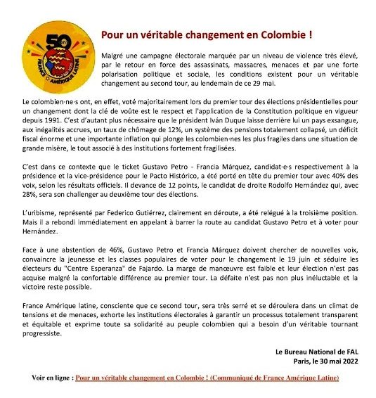 Pour un véritable changement en Colombie ! (Communiqué de France Amérique Latine)
