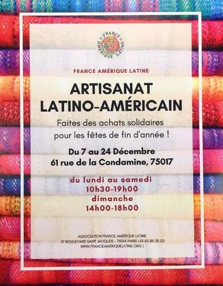 Vente d’artisanat latino-américain du 7 au 24 décembre 2019